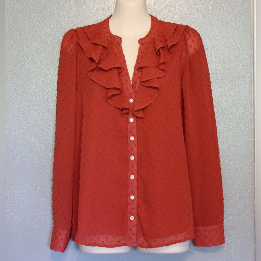 NWT J Crew Orange Chiffon Clip Dot Ruffled Button Up Long Sleeve Blouse Top XS